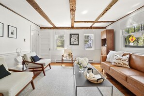 Smart TV, chimenea, libros y estéreo 