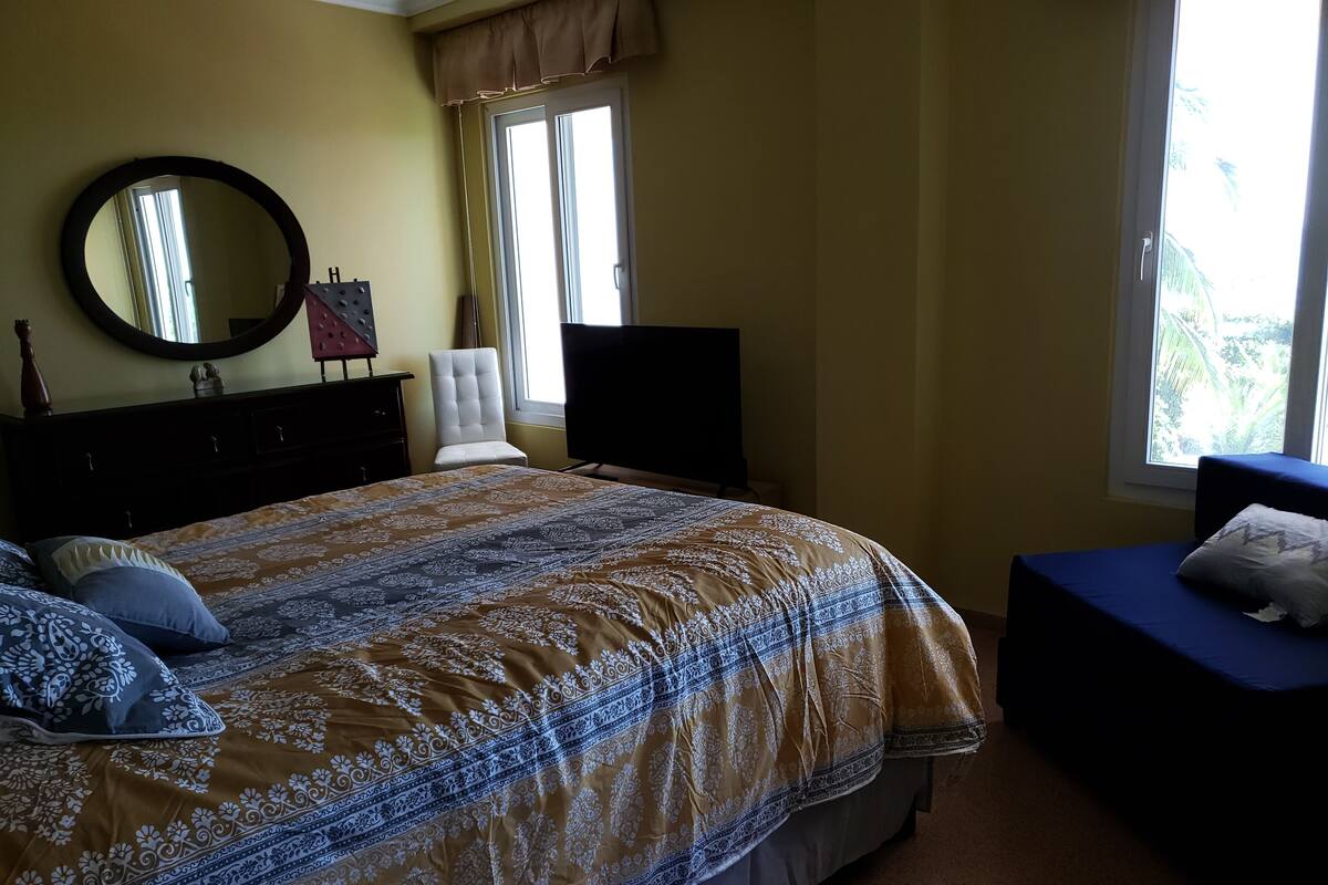 Un dormitorio con una cama grande, una silla, un aparador, un televisor y una ventana.