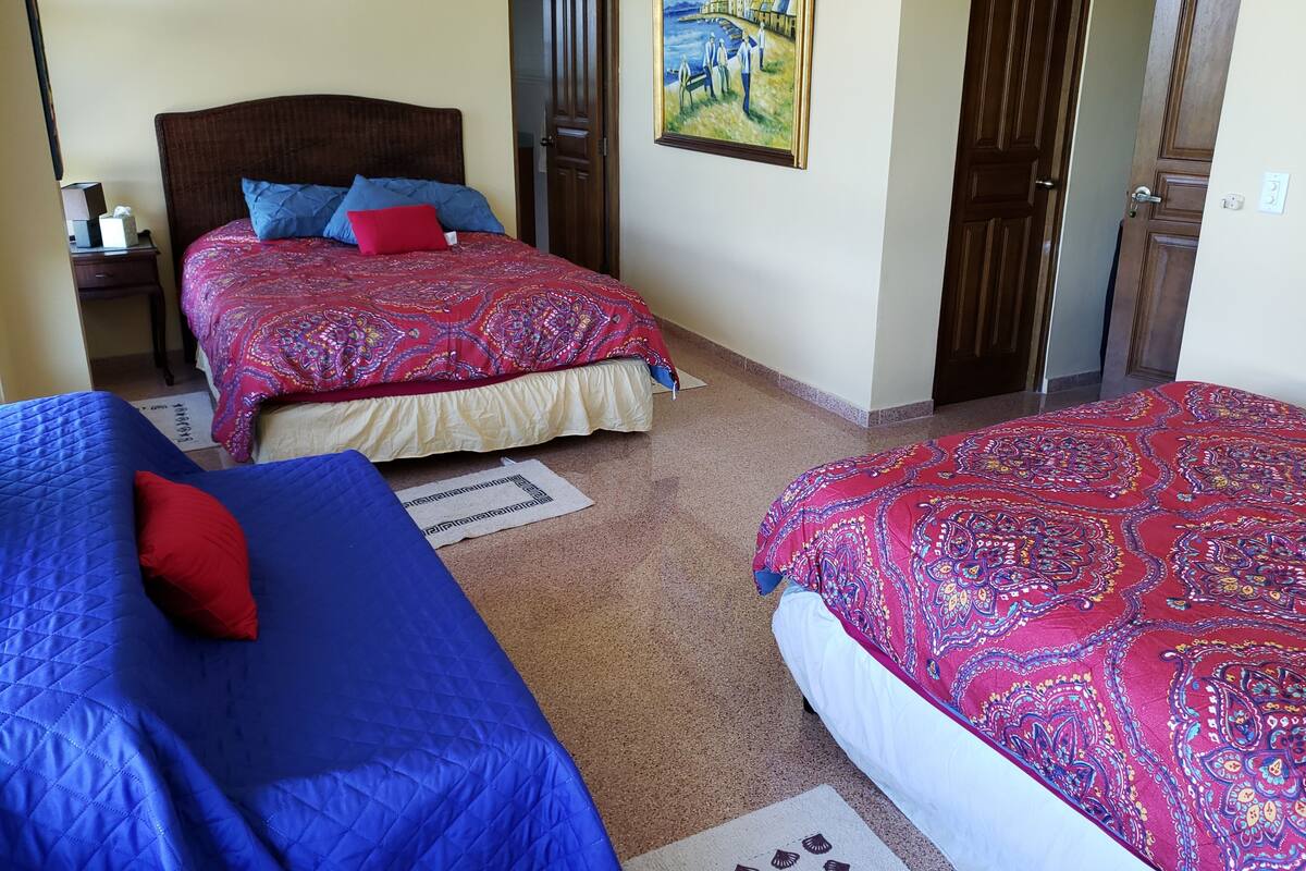 Una habitación de hotel con dos camas, un cuadro en la pared y puertas de madera.