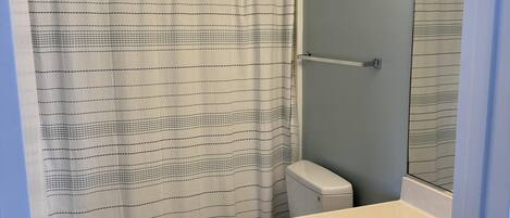 Un bagno con tenda doccia, wc, lavandino e specchio.