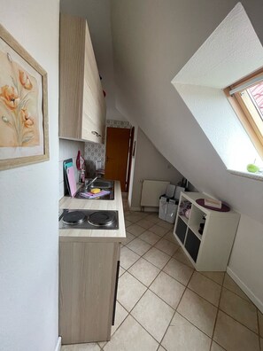 Fridge, microwave, oven, coffee/tea maker