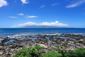 Un rivage rocheux bordé d’une eau d’un bleu limpide, avec une montagne qui se profile à l’horizon.