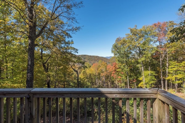 A wooden deck with a view of a forested area and hills in the distance.