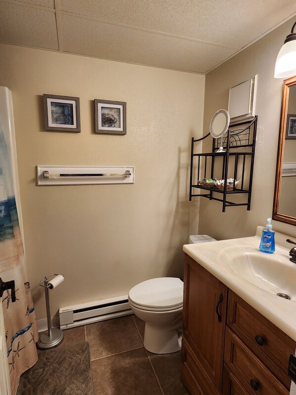 Hall bath with tub/shower, toiletries, hair dryer, make-up mirror.