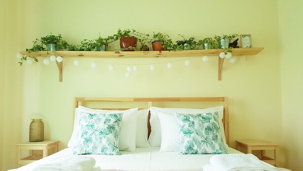 A neatly made bed with two pillows, a bedside table with a lantern, and a shelf with plants and lights.