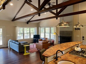 Smart TV, fireplace, DVD player, books