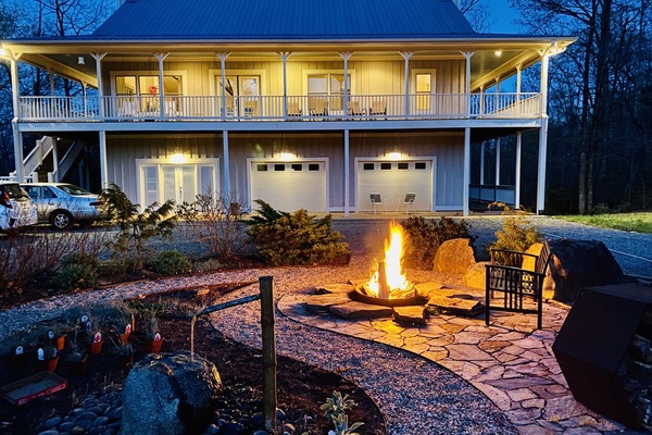 View at night with recently added firepit.