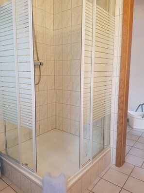 Dusche, Haartrockner, Seife, Toilettenpapier