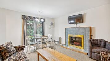 Télévision, cheminée, livres