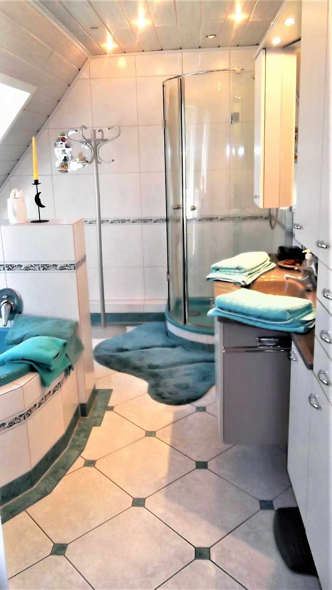 Douche, sèche-cheveux, bidet, serviettes fournies