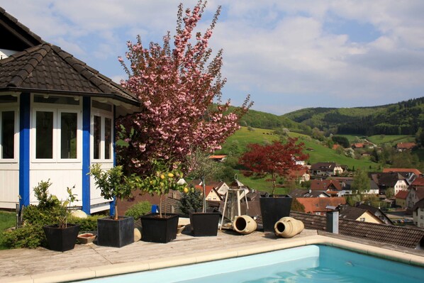 Piscina com plantas em vasos e vista para uma aldeia ao fundo.