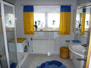 Hair dryer, towels, soap, toilet paper