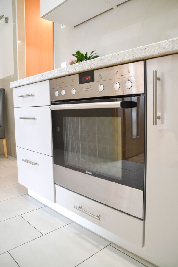 A modern kitchen with a stainless steel oven, a digital clock, and a plant on the countertop. - Apartment Anne - Apartment Anne, 2-rooms apartment (Freiburg im Breisgau)