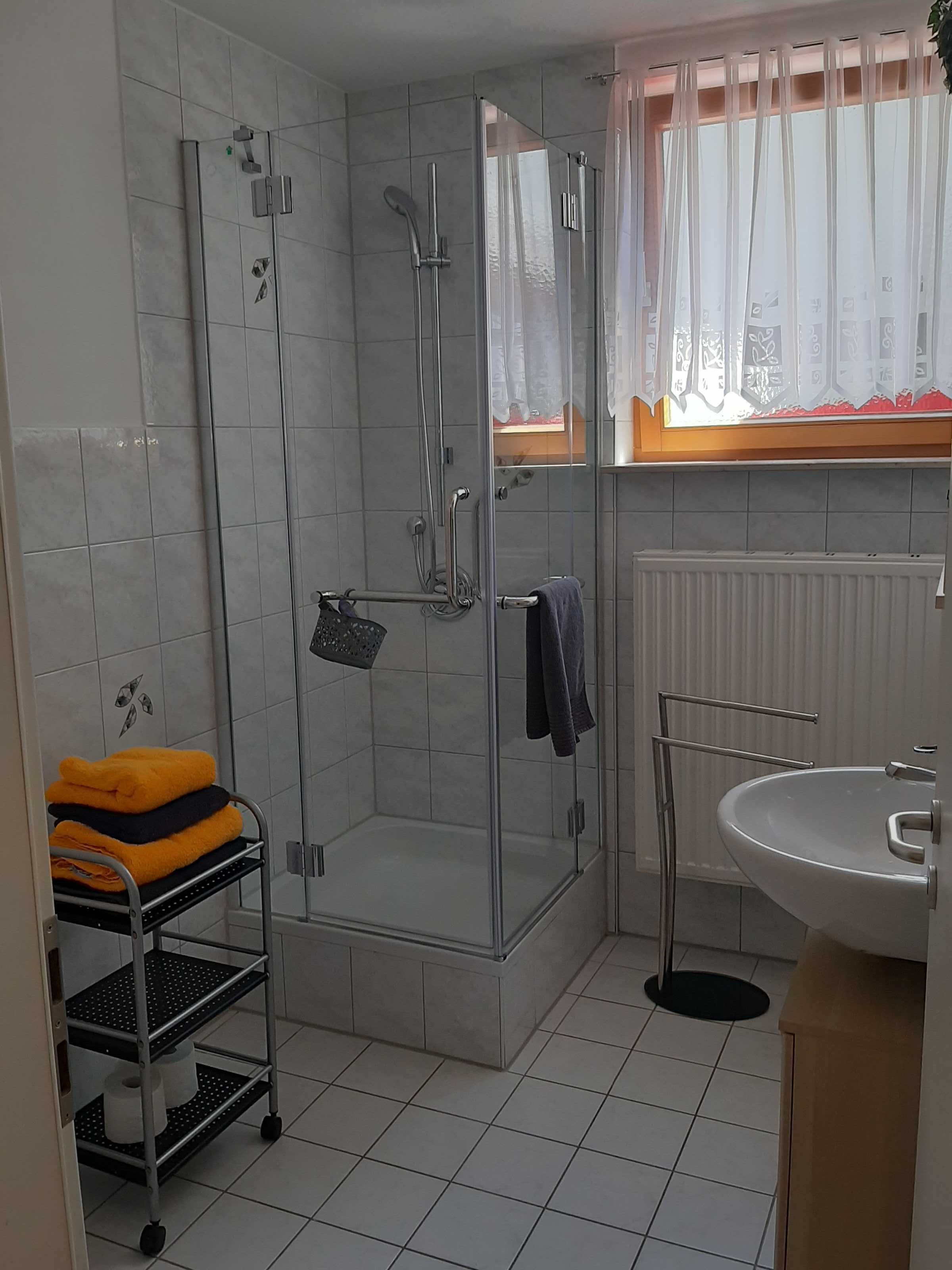 Dusche, Haartrockner, Handtücher, Toilettenpapier