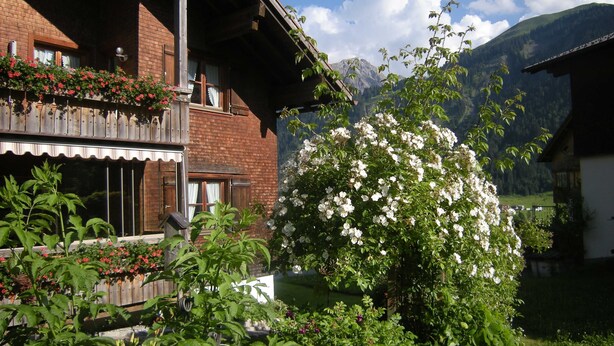 A traditional chalet with a balcony, surrounded by lush greenery and a mountain backdrop.