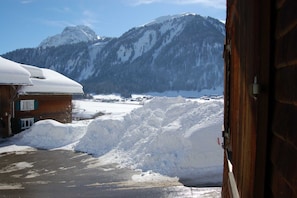 Un paysage de montagne enneigé, avec un bâtiment en bois et un amas de neige au premier plan.