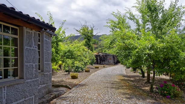 A cobblestone pathway leading to a stone building with a tiled roof, surrounded by lush greenery and trees. - Zen Vouga - Quinta do Fundo de Vila (Oliveira de Frades)