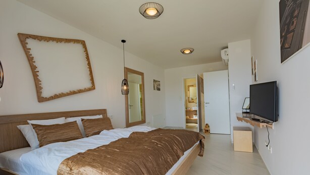 Une chambre à coucher avec un grand lit, un téléviseur posé sur une étagère et une porte donnant sur une salle de bain.