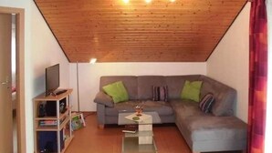 Un salon chaleureux avec un plafond en bois, un canapé gris agrémenté de coussins verts, une petite table basse et un meuble pour la télévision, sur lequel sont posés des livres et une télécommande.