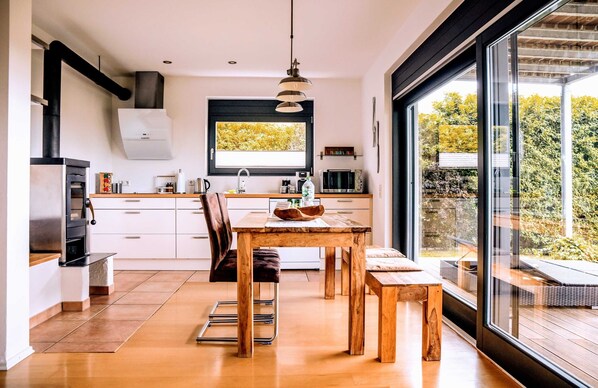 Fridge, oven, dishwasher, high chair
