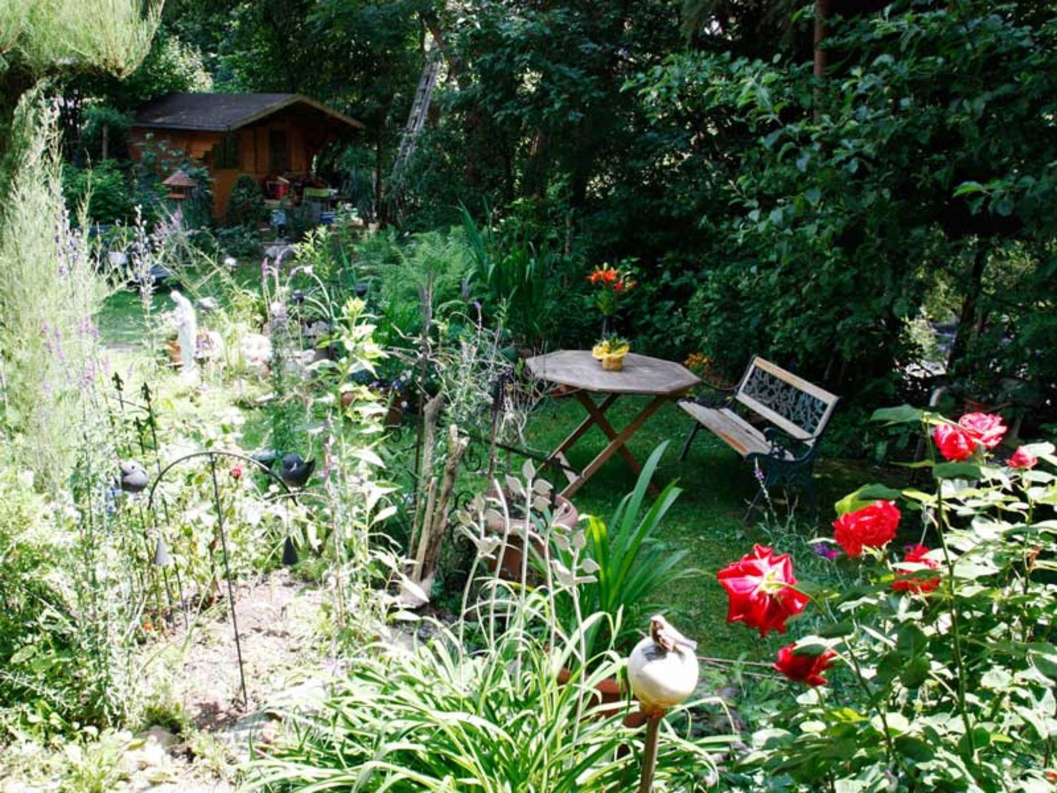 Un jardín con una cabaña de madera, una mesa redonda y un banco.