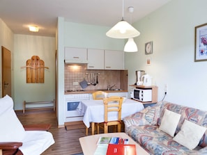 A compact living space with a kitchenette, a dining area, and a sofa.