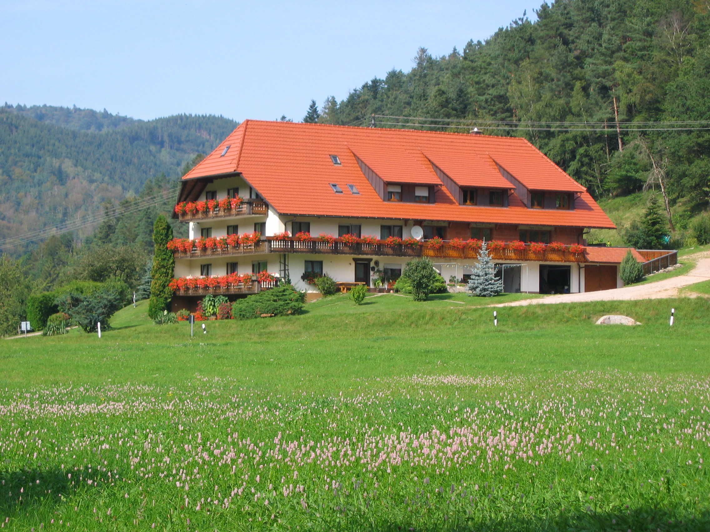 Ein mehrstöckiges Gebäude mit Balkonen, umgeben von einer grünen Wiese und bewaldeten Hügeln.