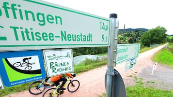 A directional sign with distances to towns and a cyclist on a dirt path.
