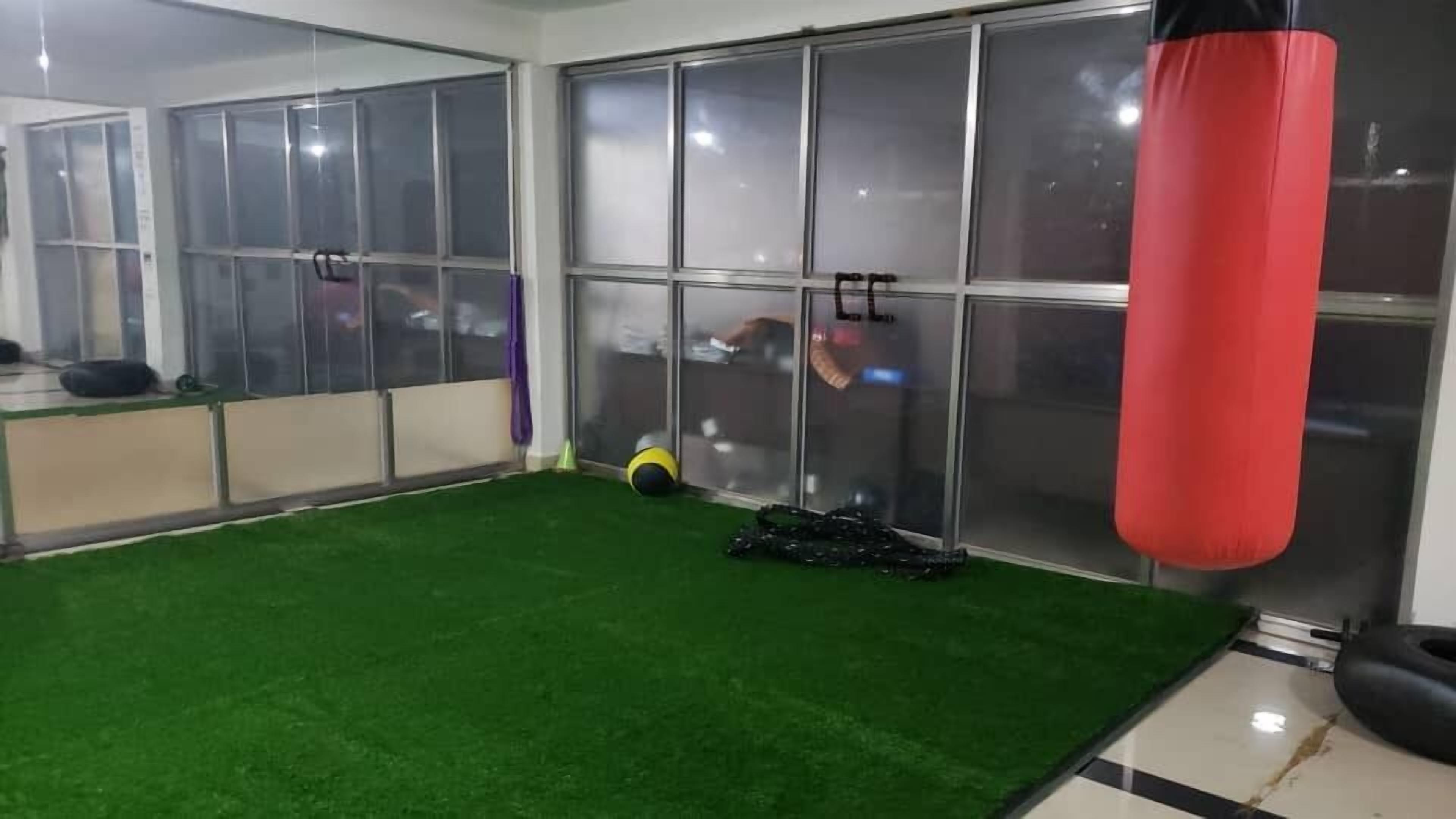 A room with a green artificial turf floor, a red punching bag, and a yellow exercise ball.
