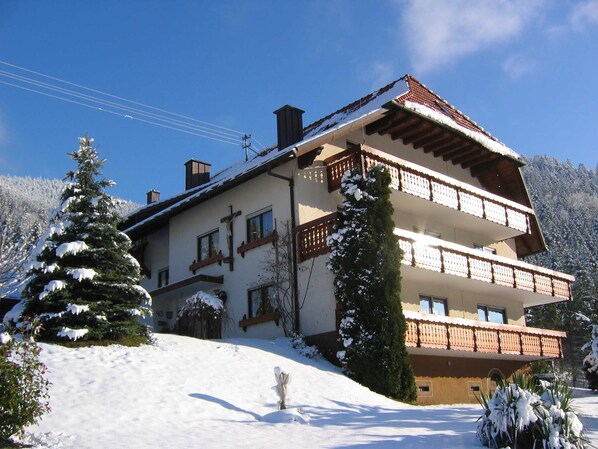 Un edificio de varios pisos con balcones, rodeado de árboles cubiertos de nieve y un cielo despejado.
