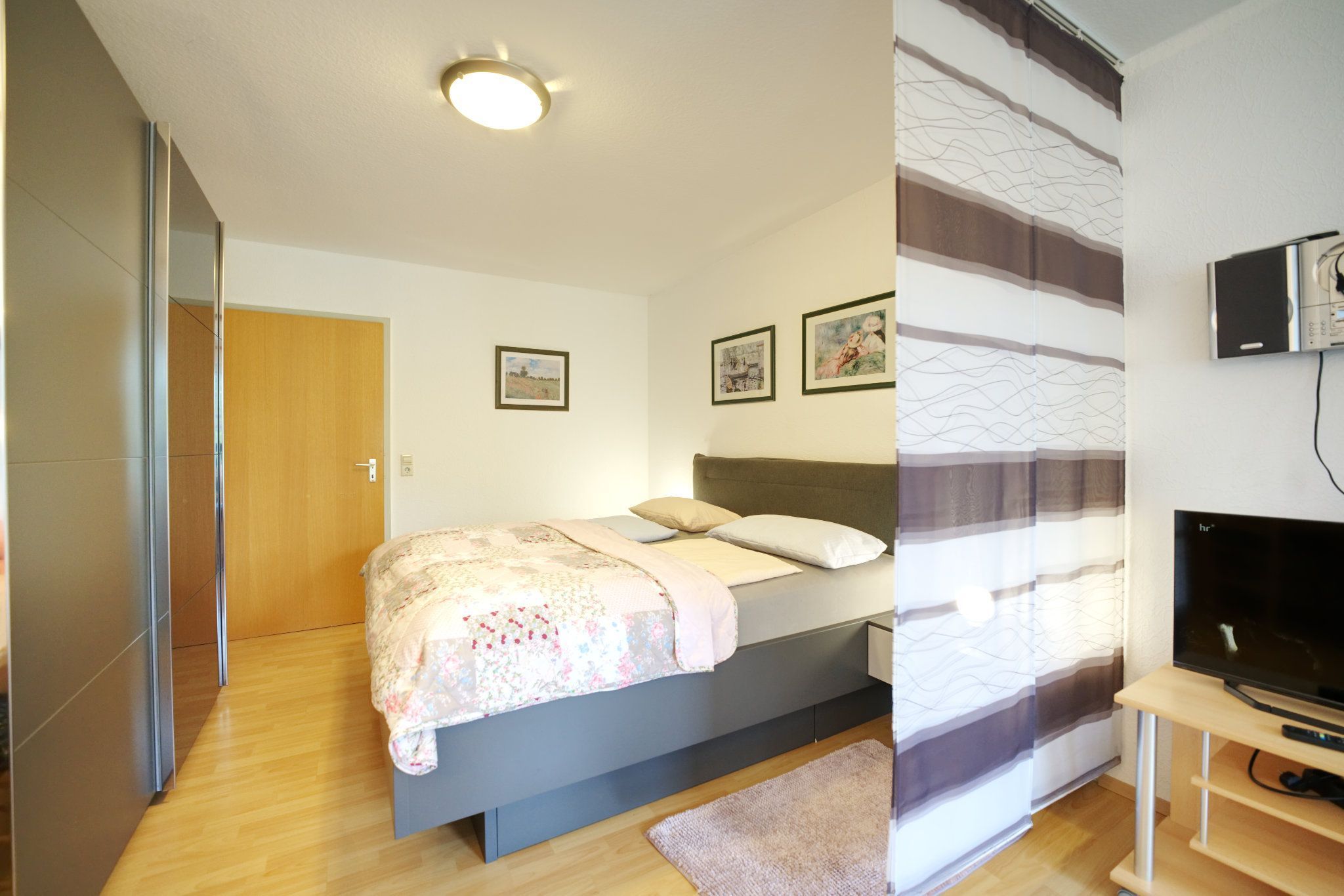 Une chambre à coucher avec un lit, une télévision et une porte.