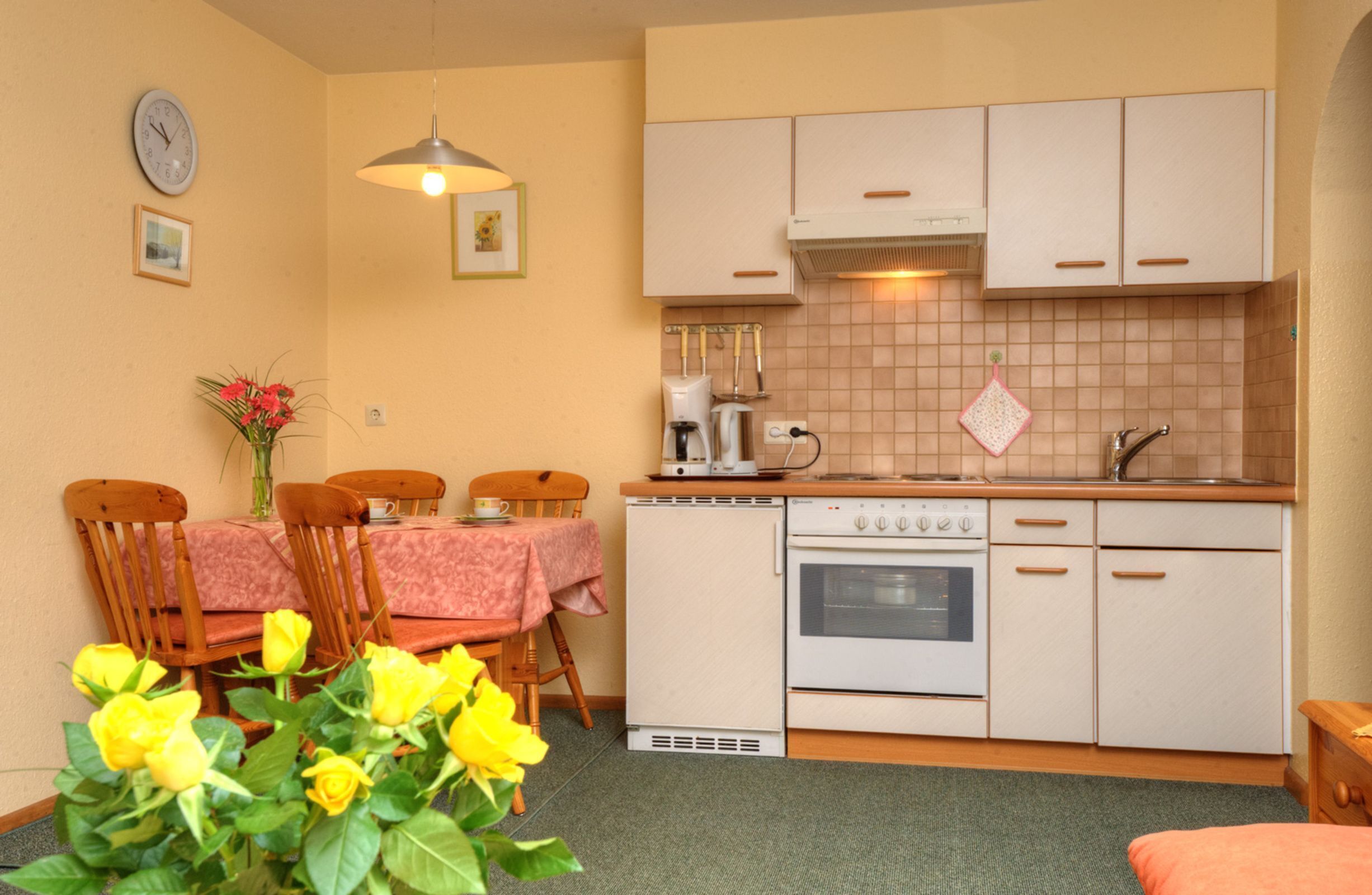 Fridge, microwave, oven, high chair