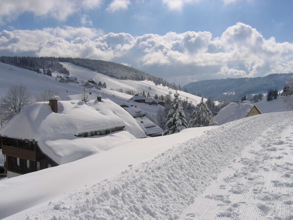 A snow-covered village with traditional houses, a clear sky, and distant mountains.