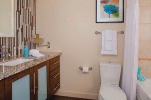 Hair dryer, towels, soap, shampoo