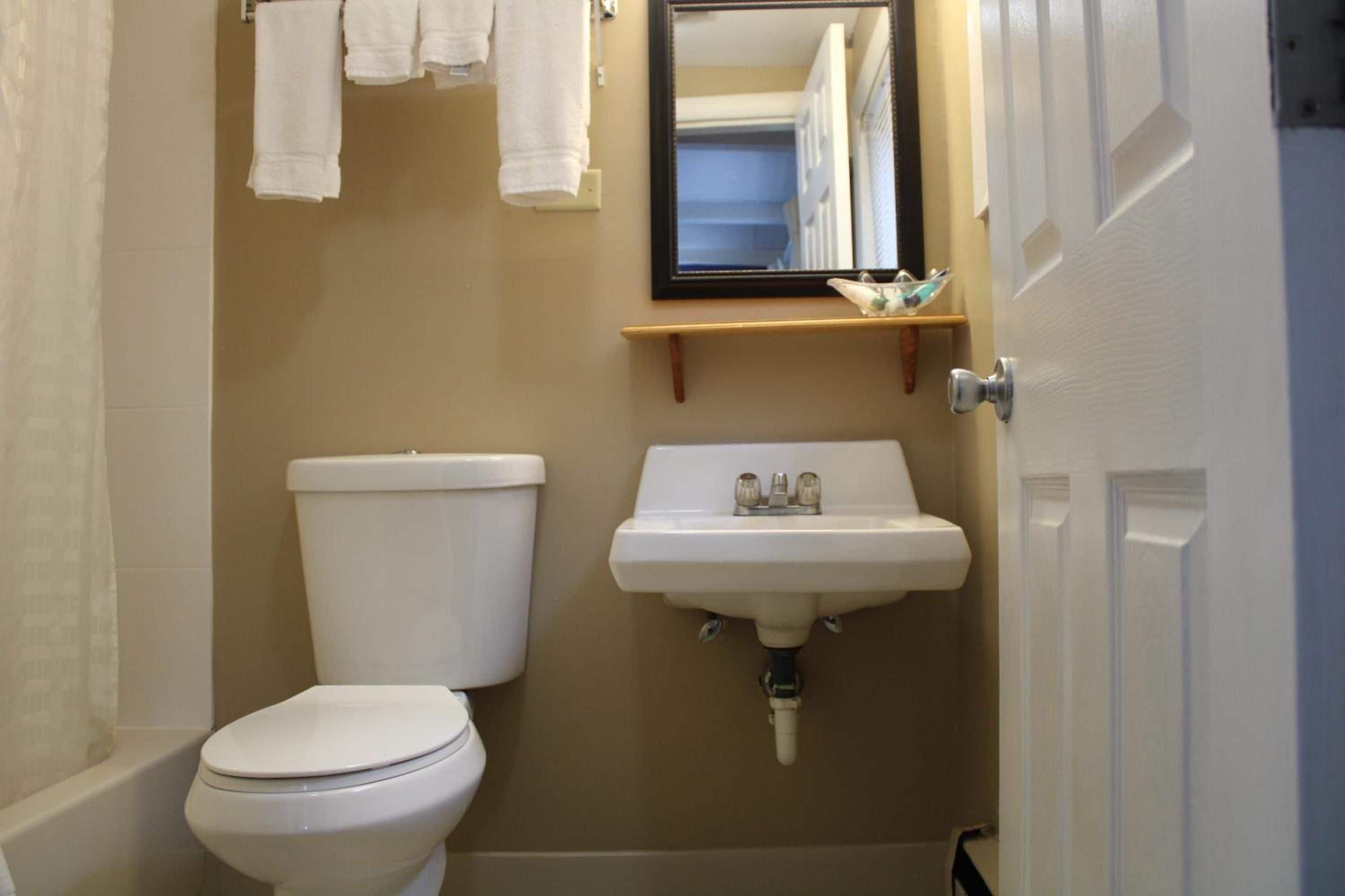 A small bathroom with a toilet, sink, and a mirror above the sink.
