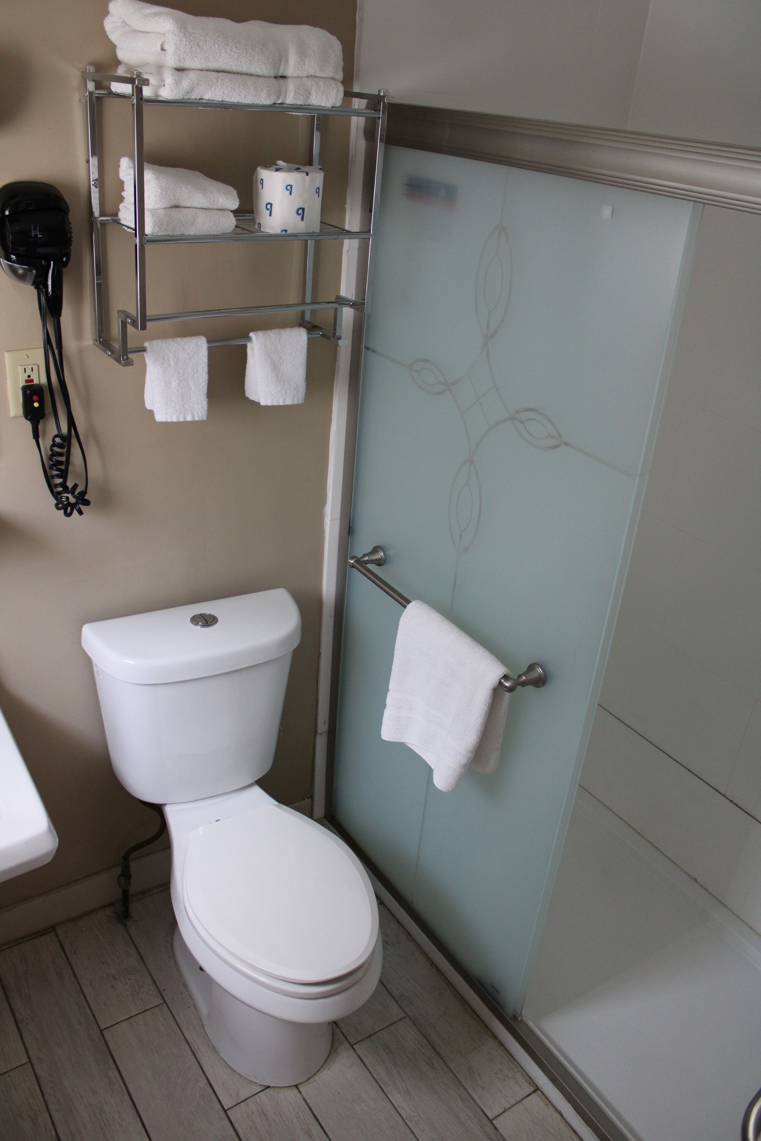 A bathroom with a toilet, a towel rack with folded towels, a glass shower door, and a hairdryer on a wall.