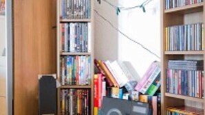 Una habitación con un escritorio de madera, estanterías, un altavoz y una planta pequeña.