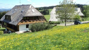 A house with a sloped roof, a balcony, and a garden with yellow flowers. - No4 panoramic view, 1 - 4 people - Christenmartinshäusle (Sankt Märgen)
