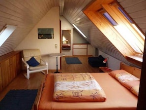 1 chambre, bureau, fer et planche à repasser, lit parapluie
