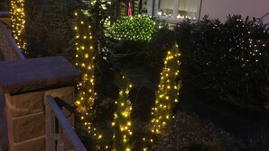 Un quartier résidentiel avec des maisons, un mur de pierre et des guirlandes lumineuses de Noël sur les arbres et les arbustes.