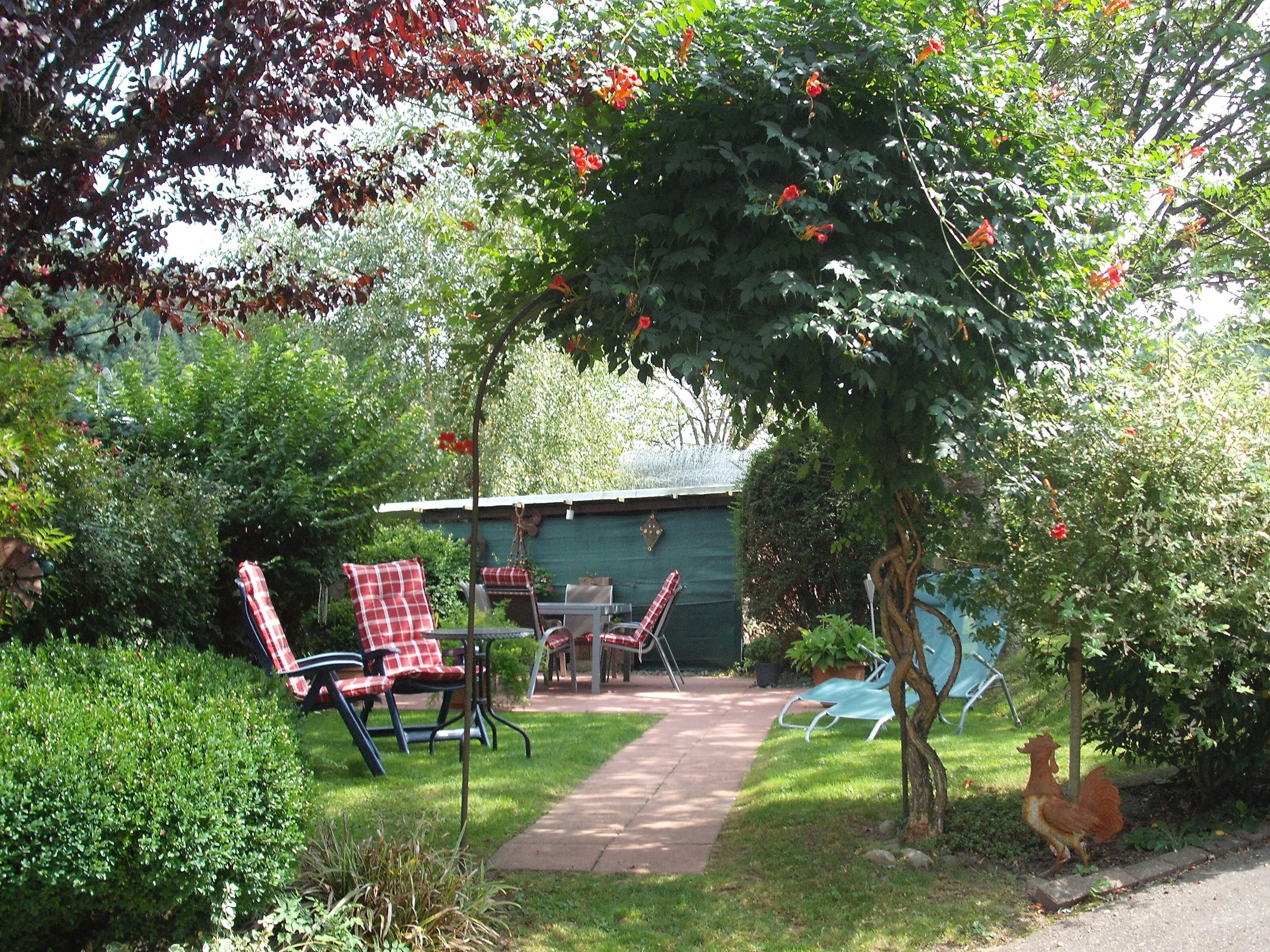 Un jardin avec un espace patio, un poulet et un abri de jardin.