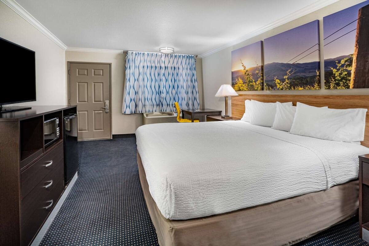 A hotel room with a large bed, a television, a desk, and a window with curtains.