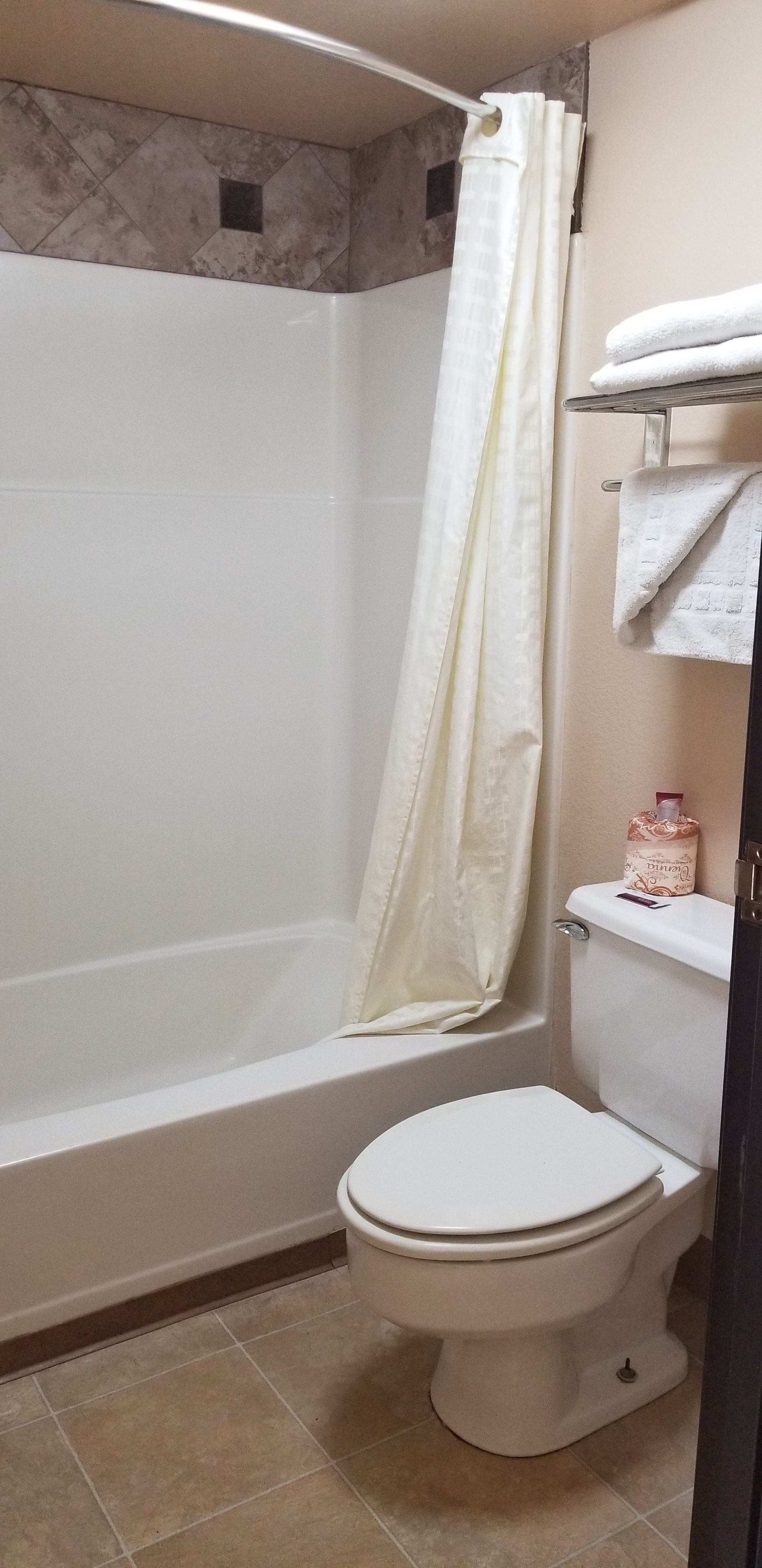 Um banheiro com chuveiro, vaso sanitário e porta-toalhas com um frasco de sabonete líquido.