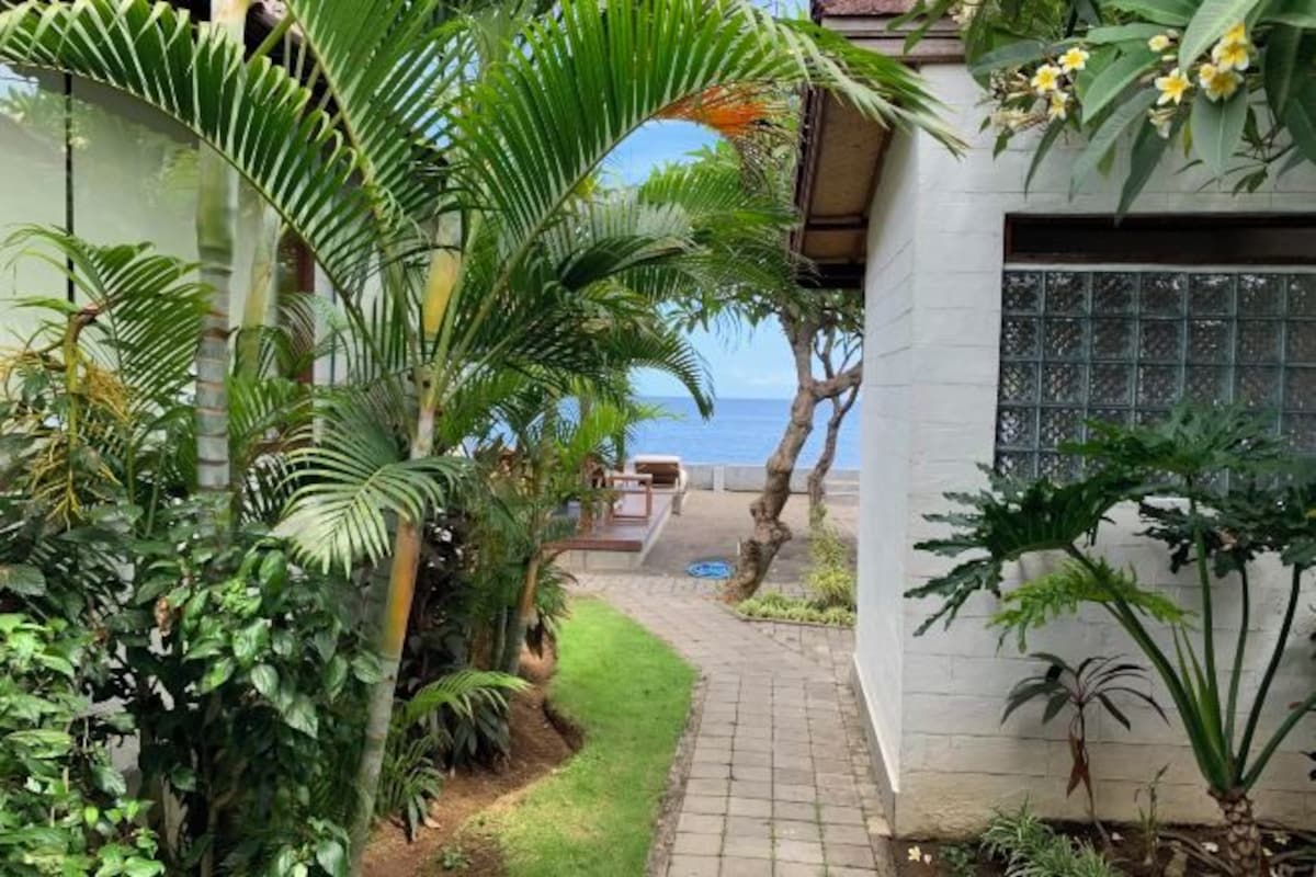 A garden with a pathway leading to a seating area, surrounded by lush greenery and a view of the sea.