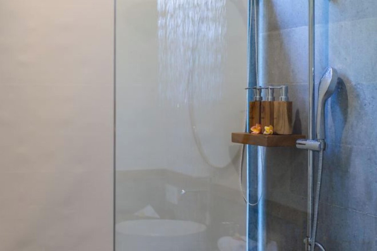 Bathroom | Shower, hair dryer, bathrobes, slippers