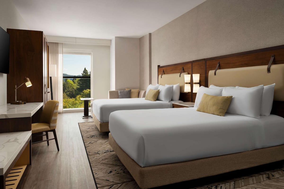 A hotel room with two beds, a desk, a chair, a TV, and a view of greenery.