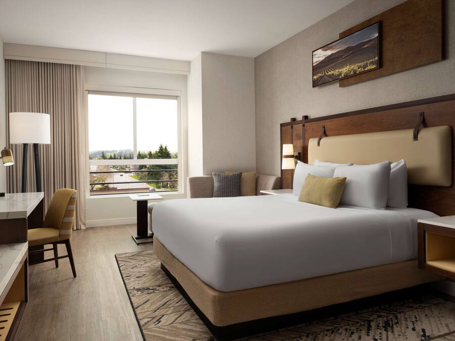 Habitación de hotel con una cama grande, un escritorio, una silla, una mesita y una ventana con vistas.