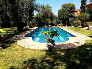 Piscine extérieure, chaises longues