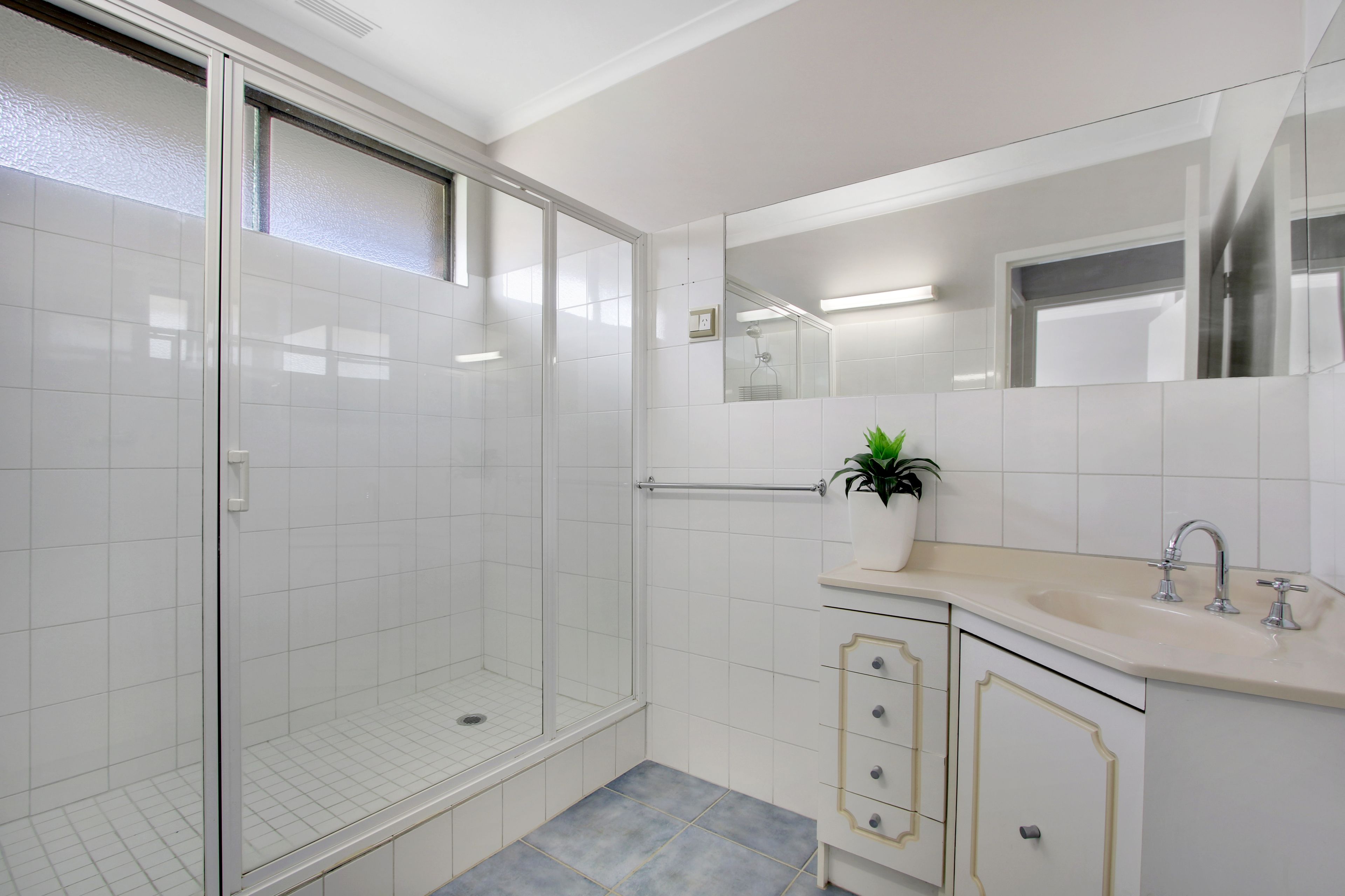 Un baño moderno con cabina de ducha de vidrio, paredes de azulejos blancos, un espejo grande y un lavamanos con una planta en la encimera.