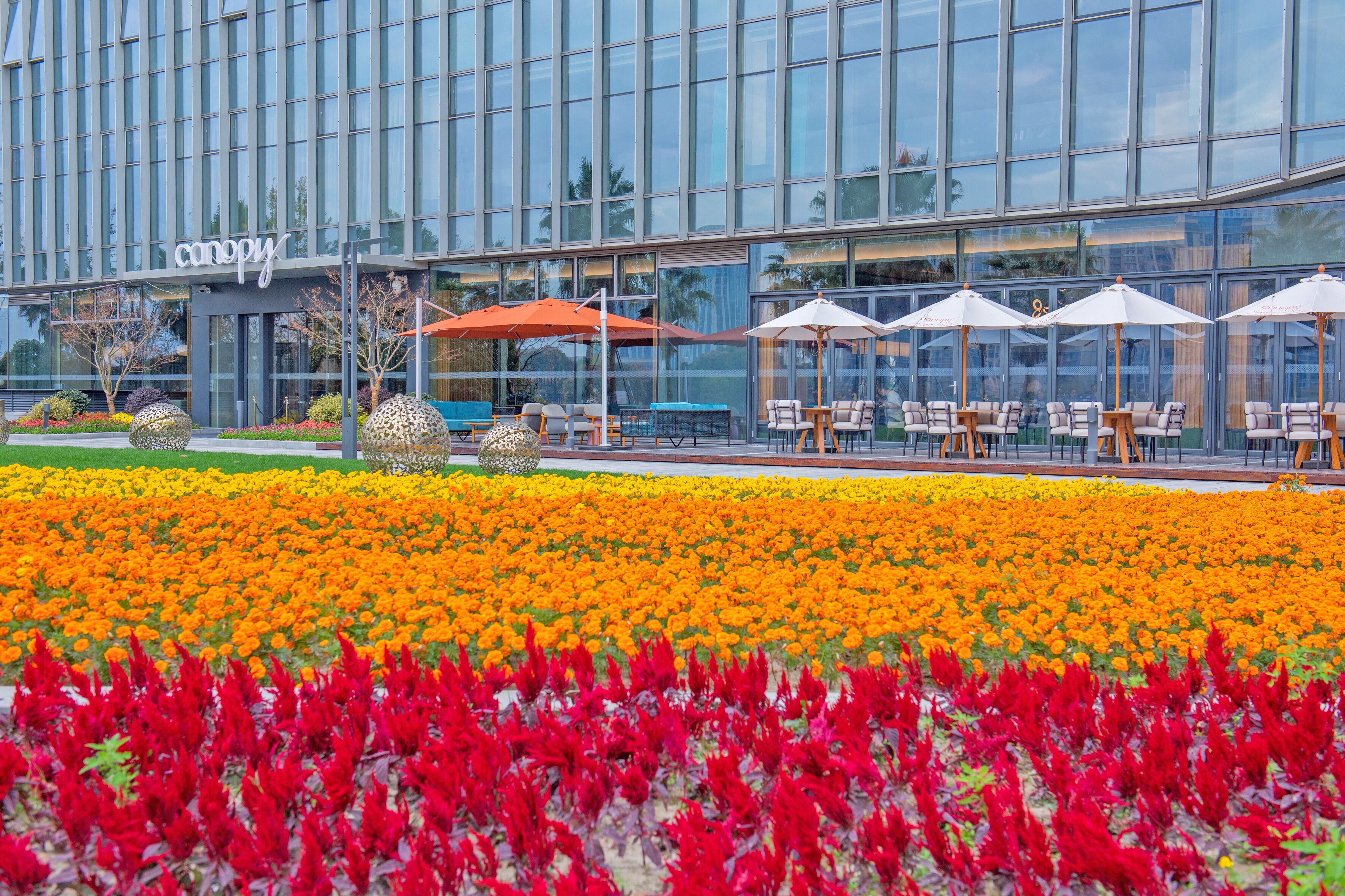 A modern building with a glass facade and outdoor seating area with umbrellas.